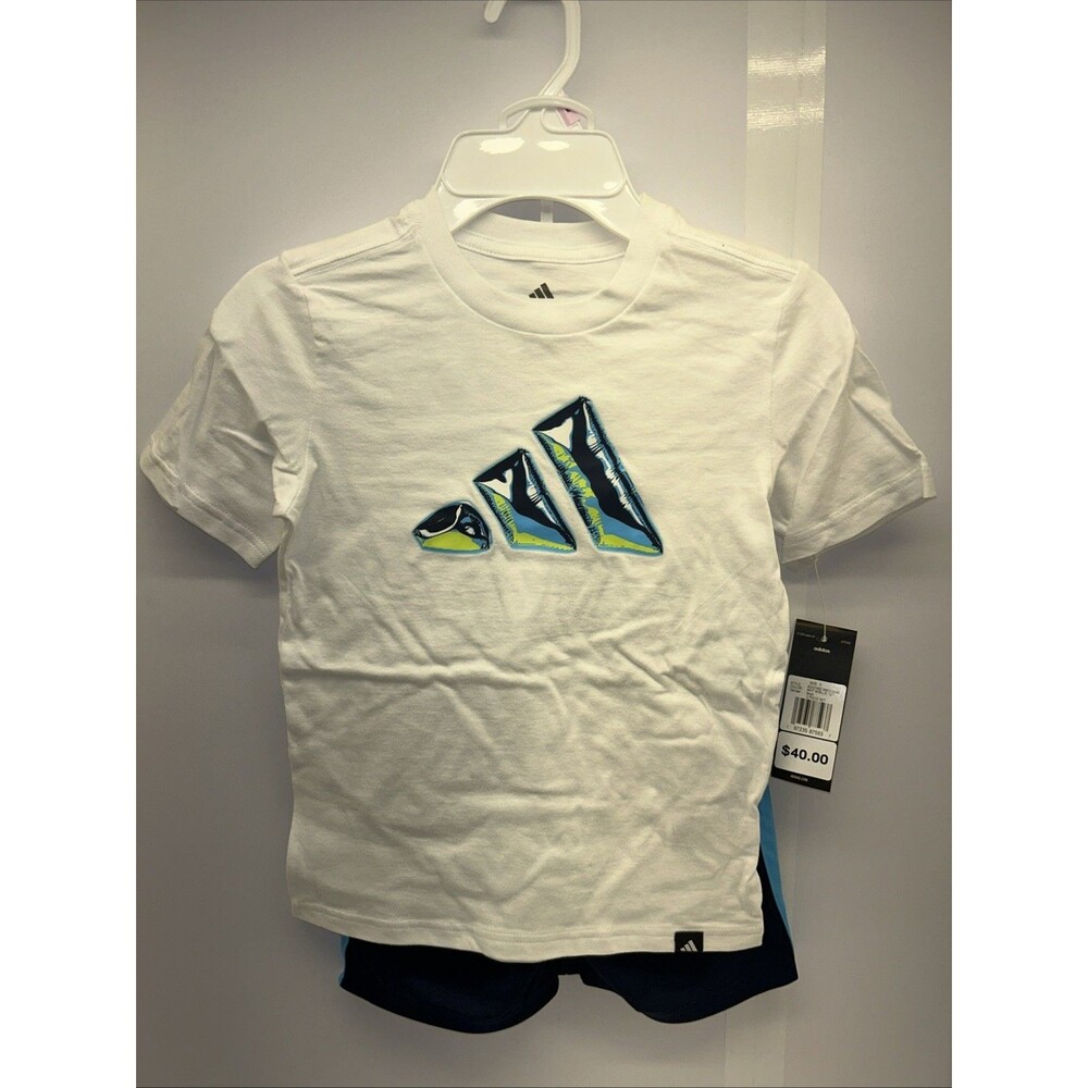 ADIDAS Little Boy Active Tee & Short Set Blue White Size 5 New w Tags